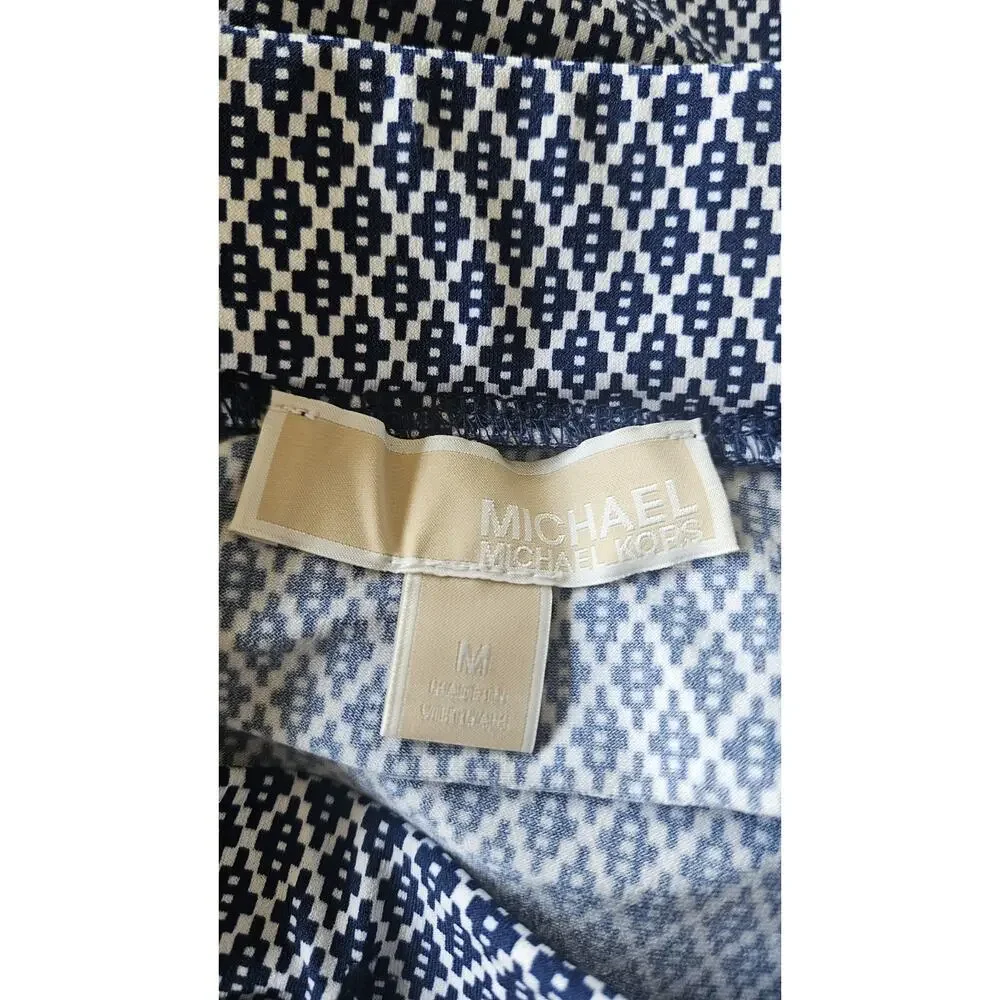 Michael Kors Maxi Skirt Size M Stretch Geometric Navy White Tie Waist Pull-On